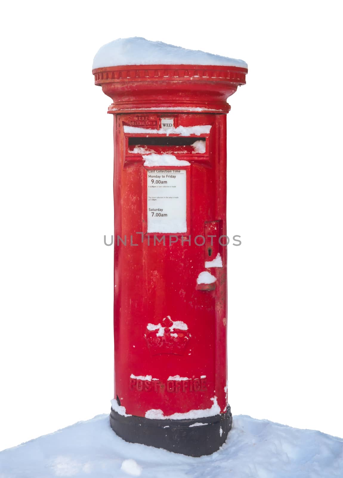 Isolated Traditional Red British Royal Mail Post Box In The Snow