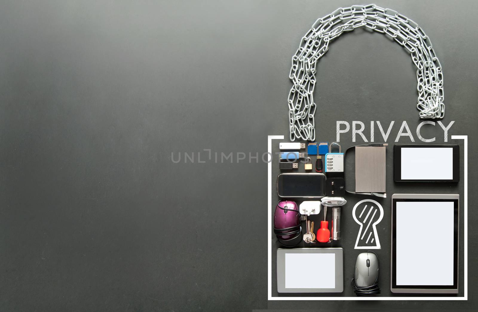 Privacy written inside a padlock made from devices including tablets, computer mouse, usb cards on a chalkboard background