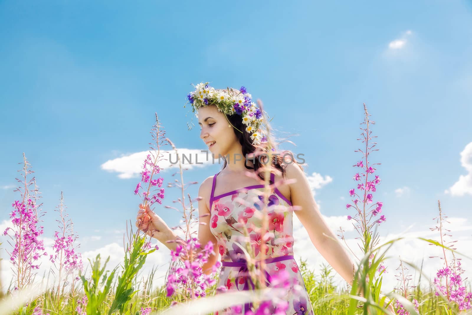 Portrait of the beautiful girl in the field in flowers