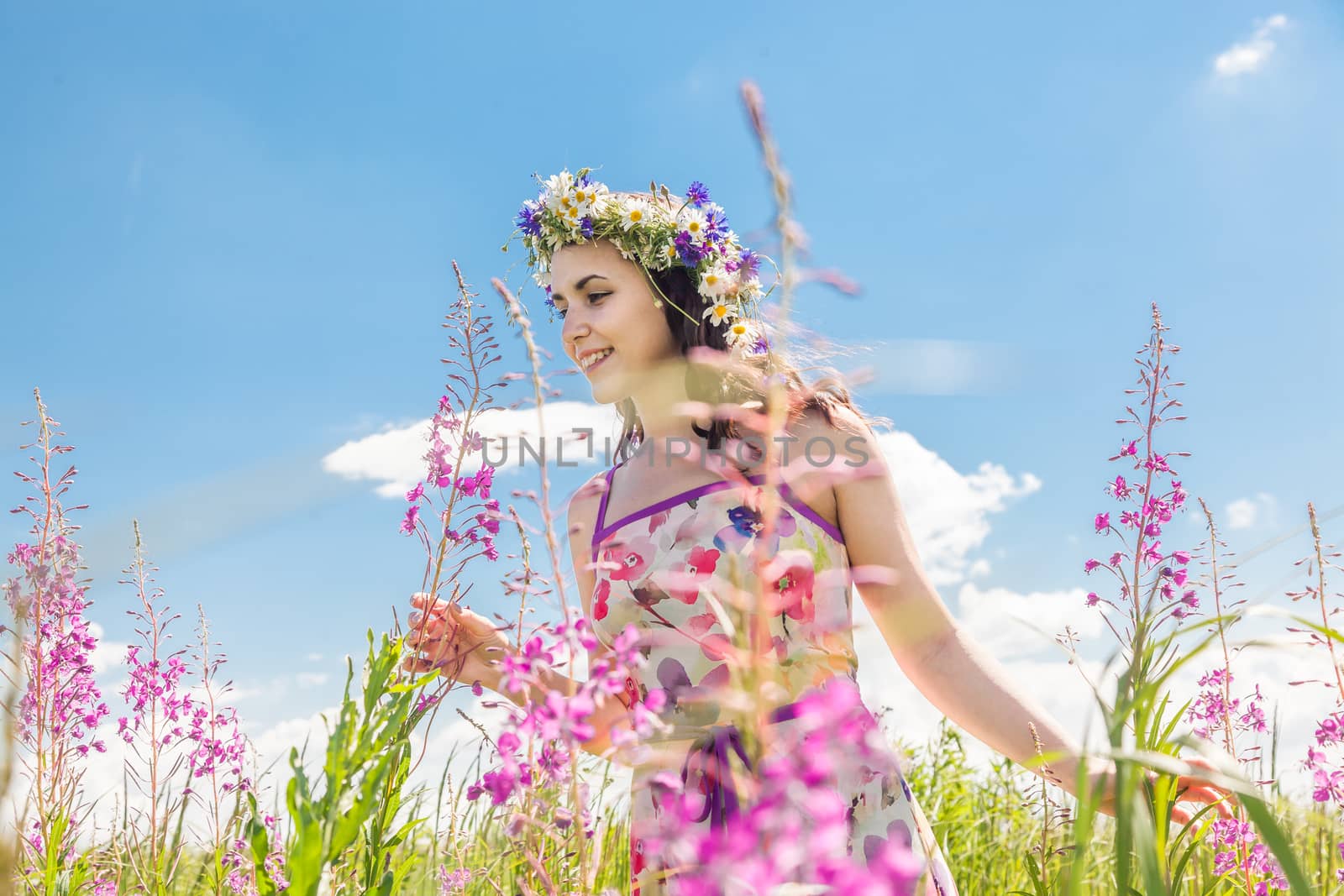 Portrait of the beautiful girl in the field in flowers