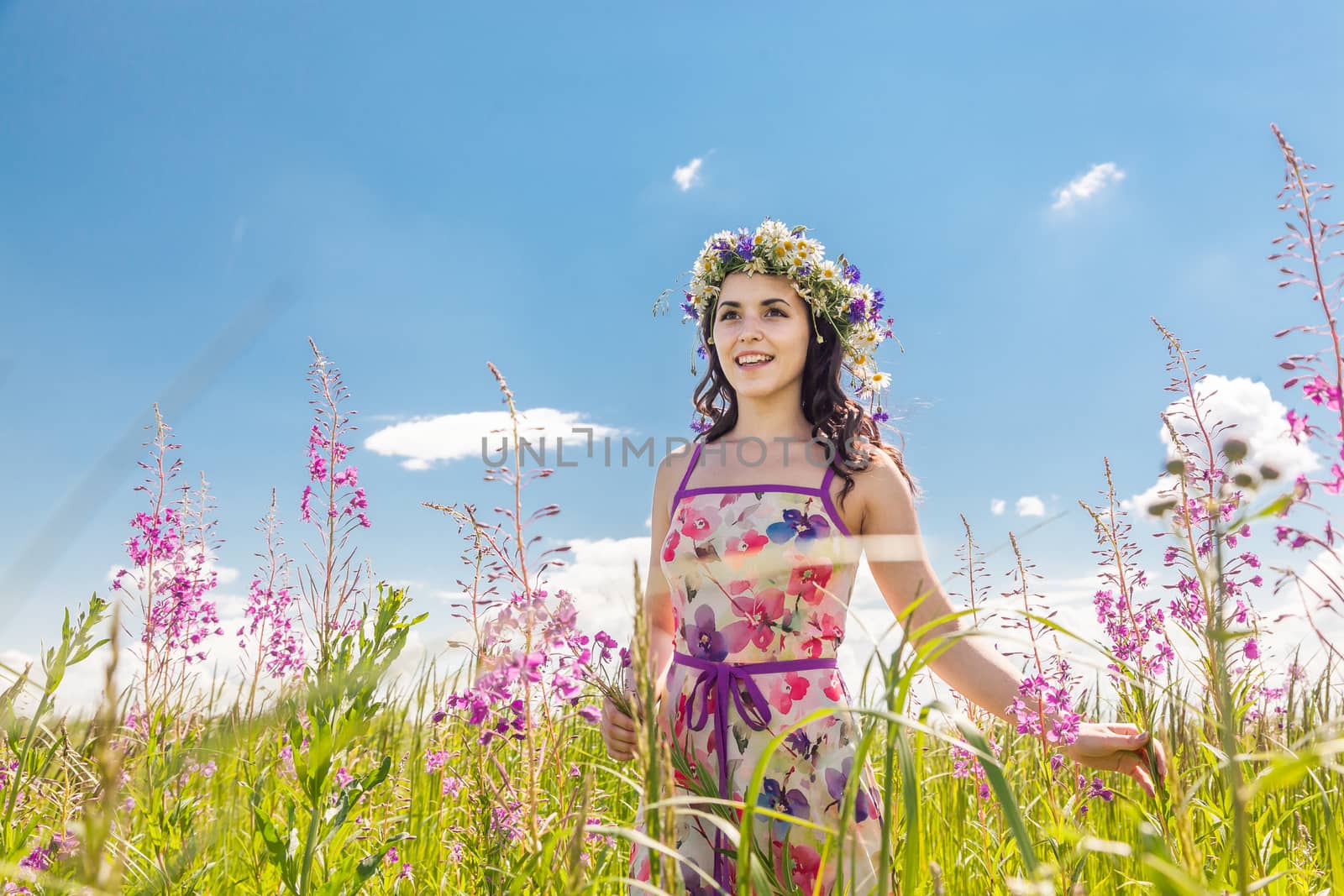 Portrait of the beautiful girl in the field in flowers