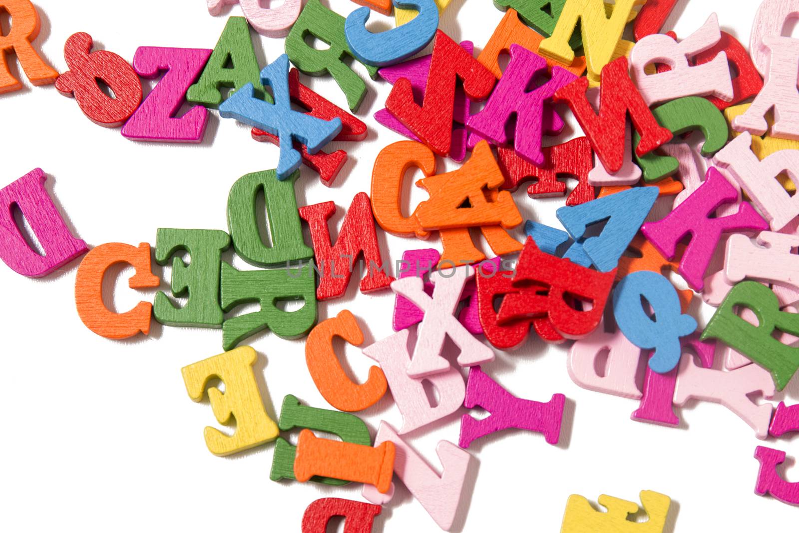 Wooden colorful letters isolated on a white background.