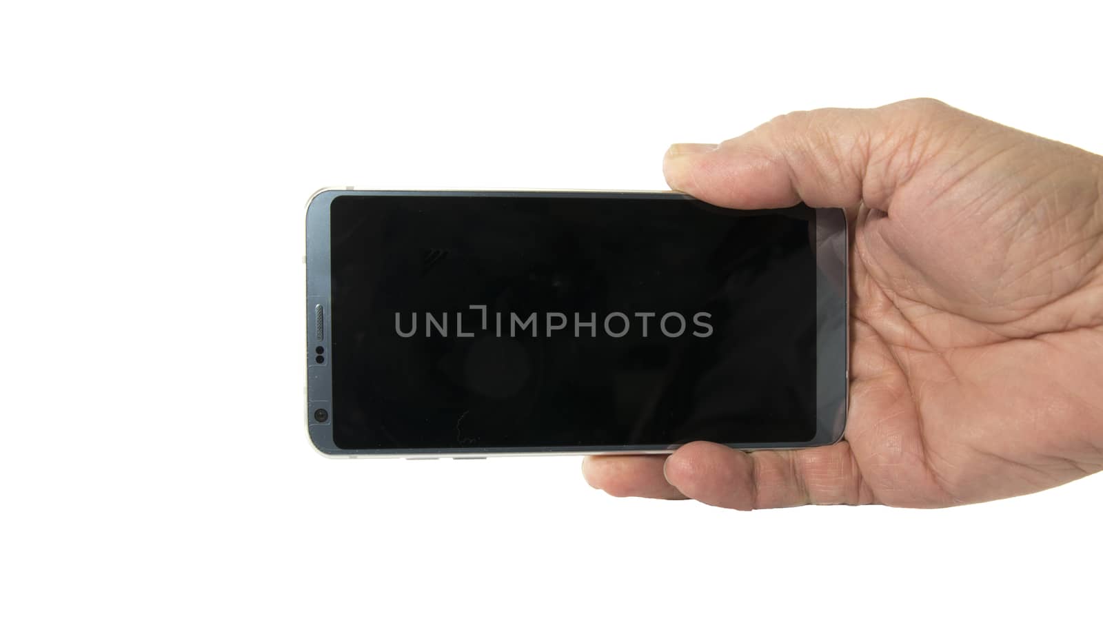 male hand with mobile phone isolated on white background