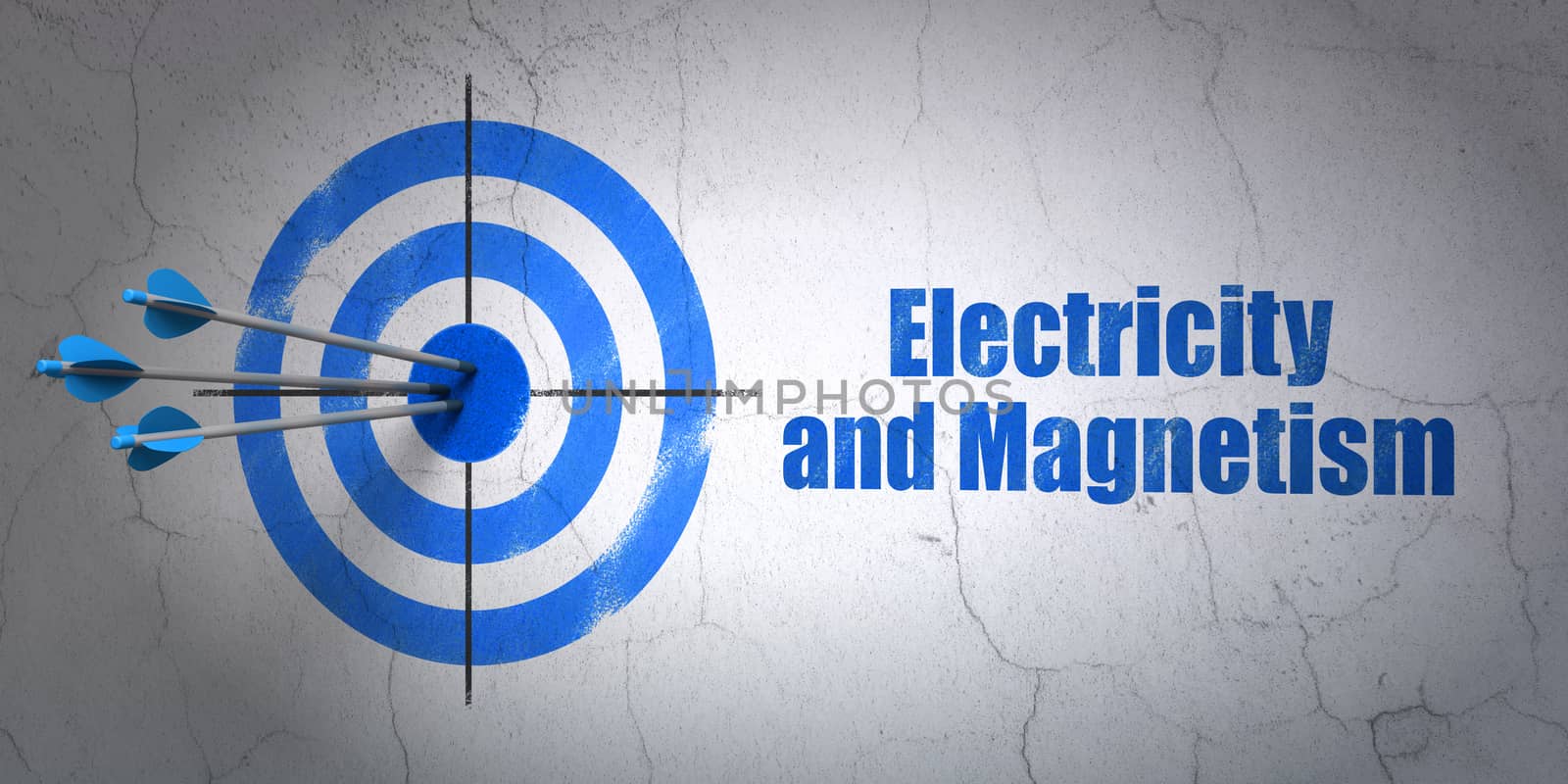 Success Science concept: arrows hitting the center of target, Blue Electricity And Magnetism on wall background, 3D rendering