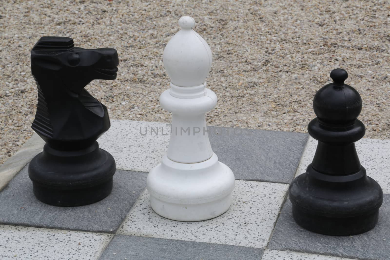 Black and white king on a chess board in open air