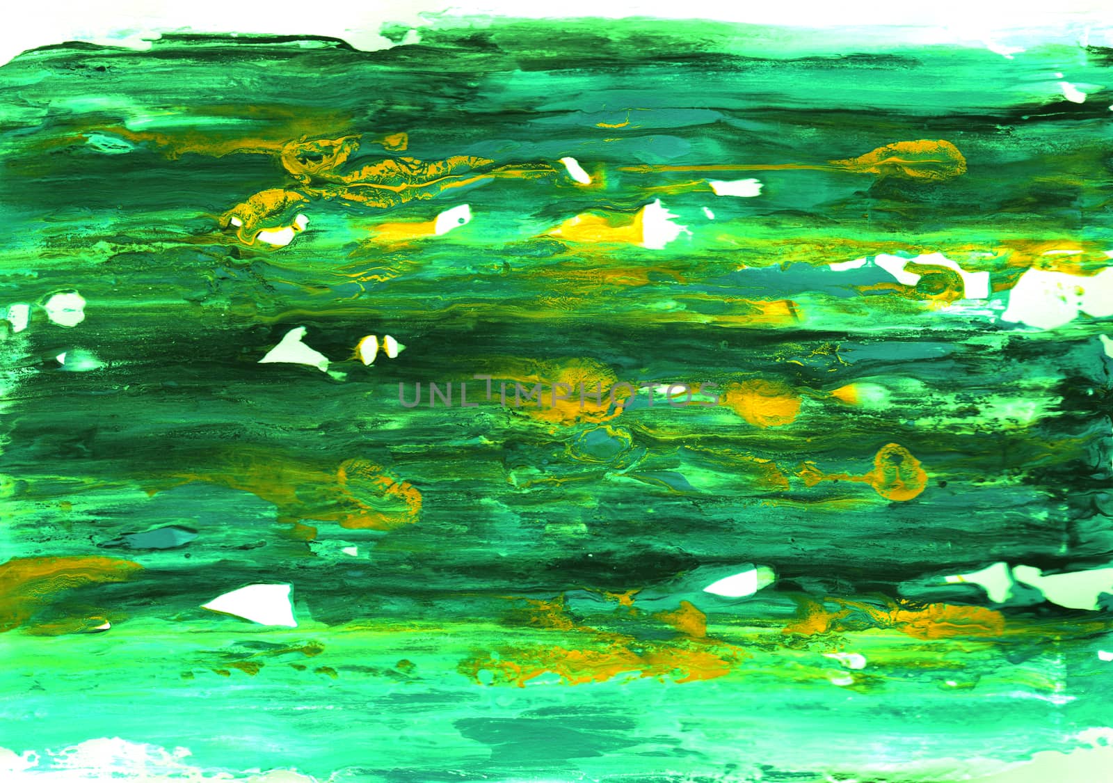 Shades of green acrylic paint smeared on white paper with yellow splashes