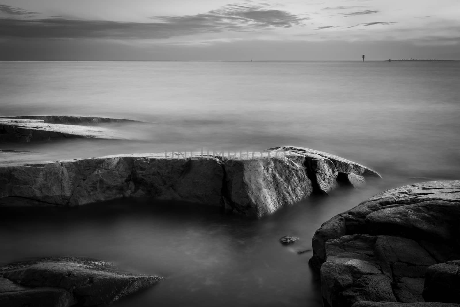 Peaceful seascape, taken in Pori, Finland. The picture is black and white.