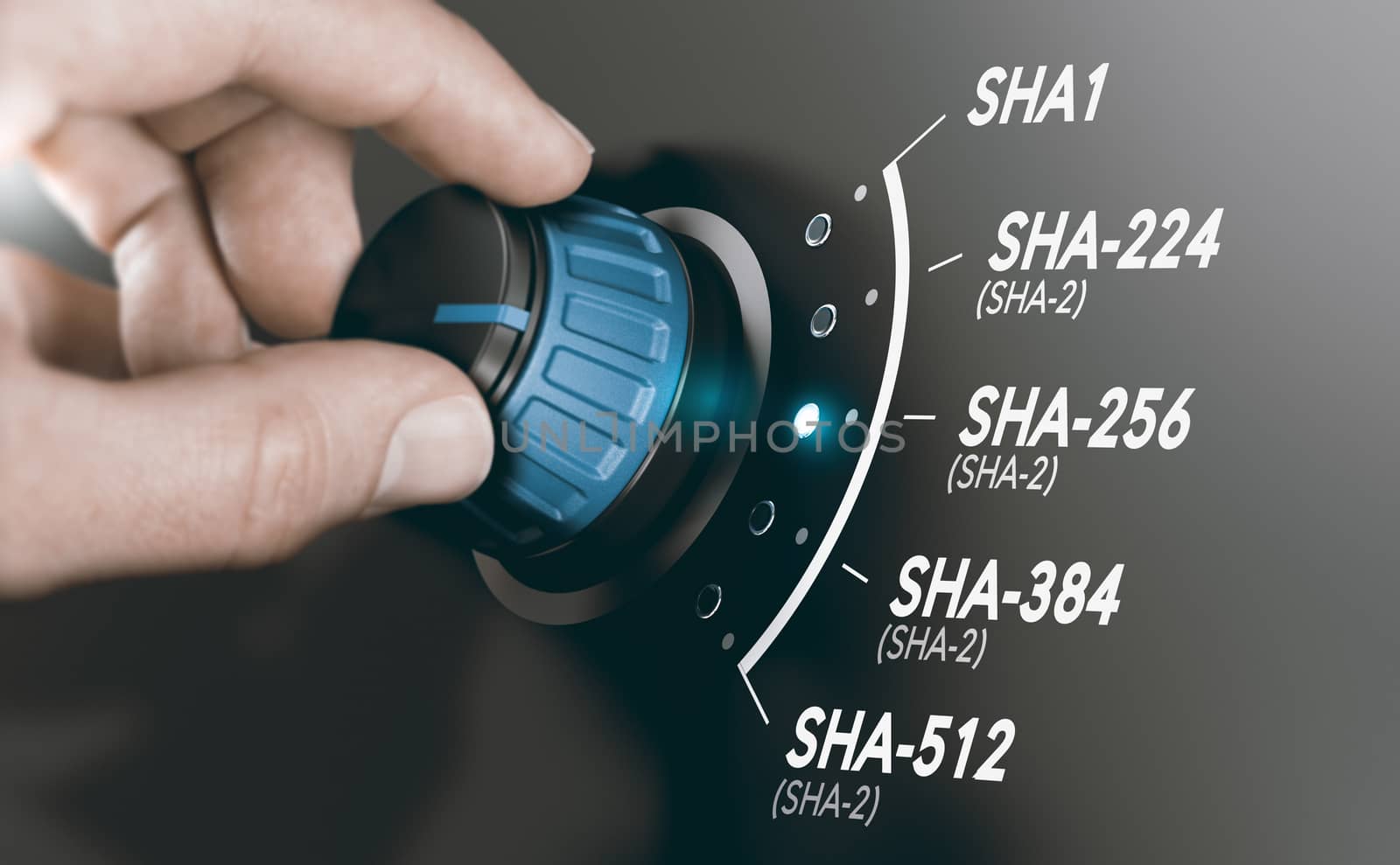 Man turning a cryptography switch to change the cryptographic hash algorithm to SHA-256. Composite image between a hand photography and a 3D background.