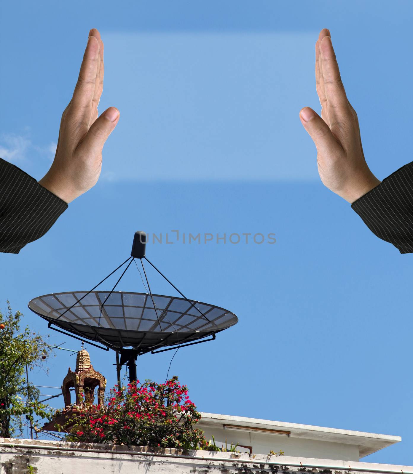 hand hold digital screen perspective of Big Satellite Dish antenna, vertical