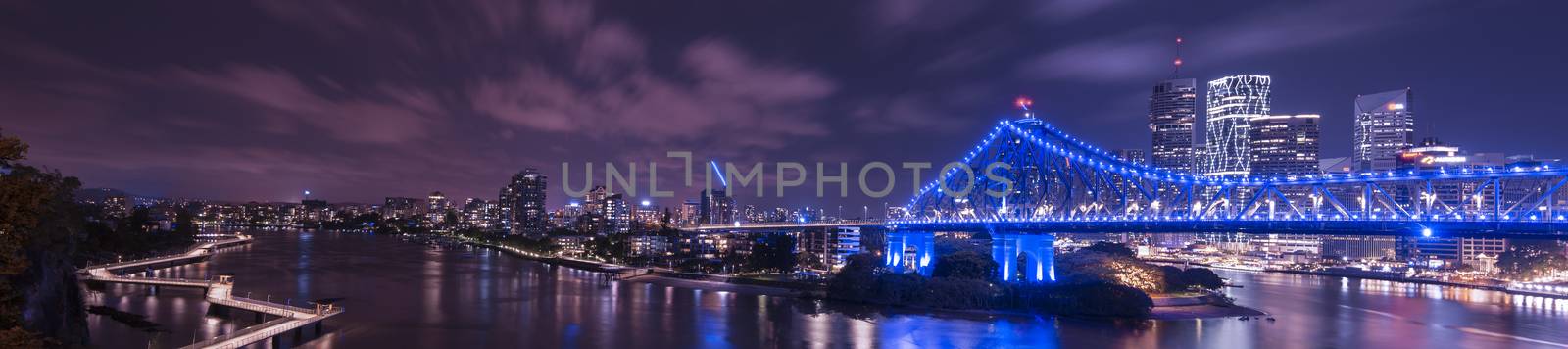 Iconic Story Bridge, river and Newfarm Riverwalk in Brisbane, Queensland, Australia.