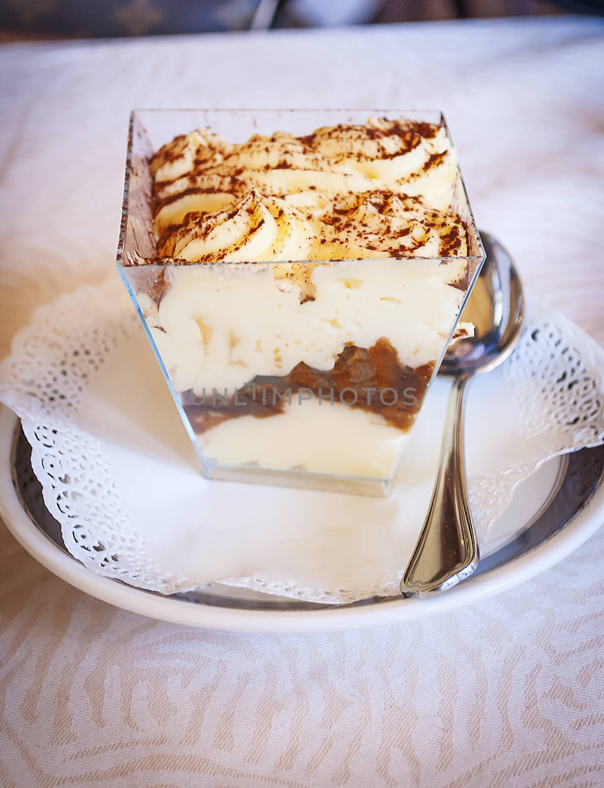 close-up view of a portion of Italian tiramisu made with mascarpone cheese, coffee and savoiardi biscuits