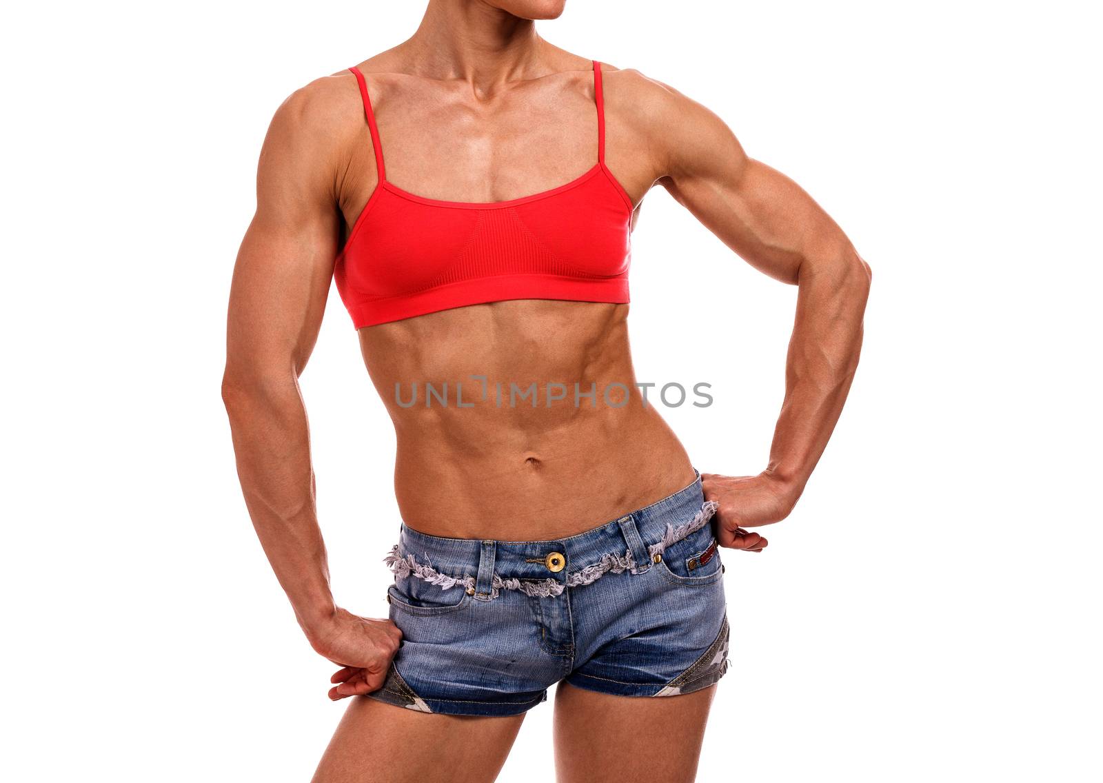Strong fitness woman posing on a white background, isolated by Nobilior