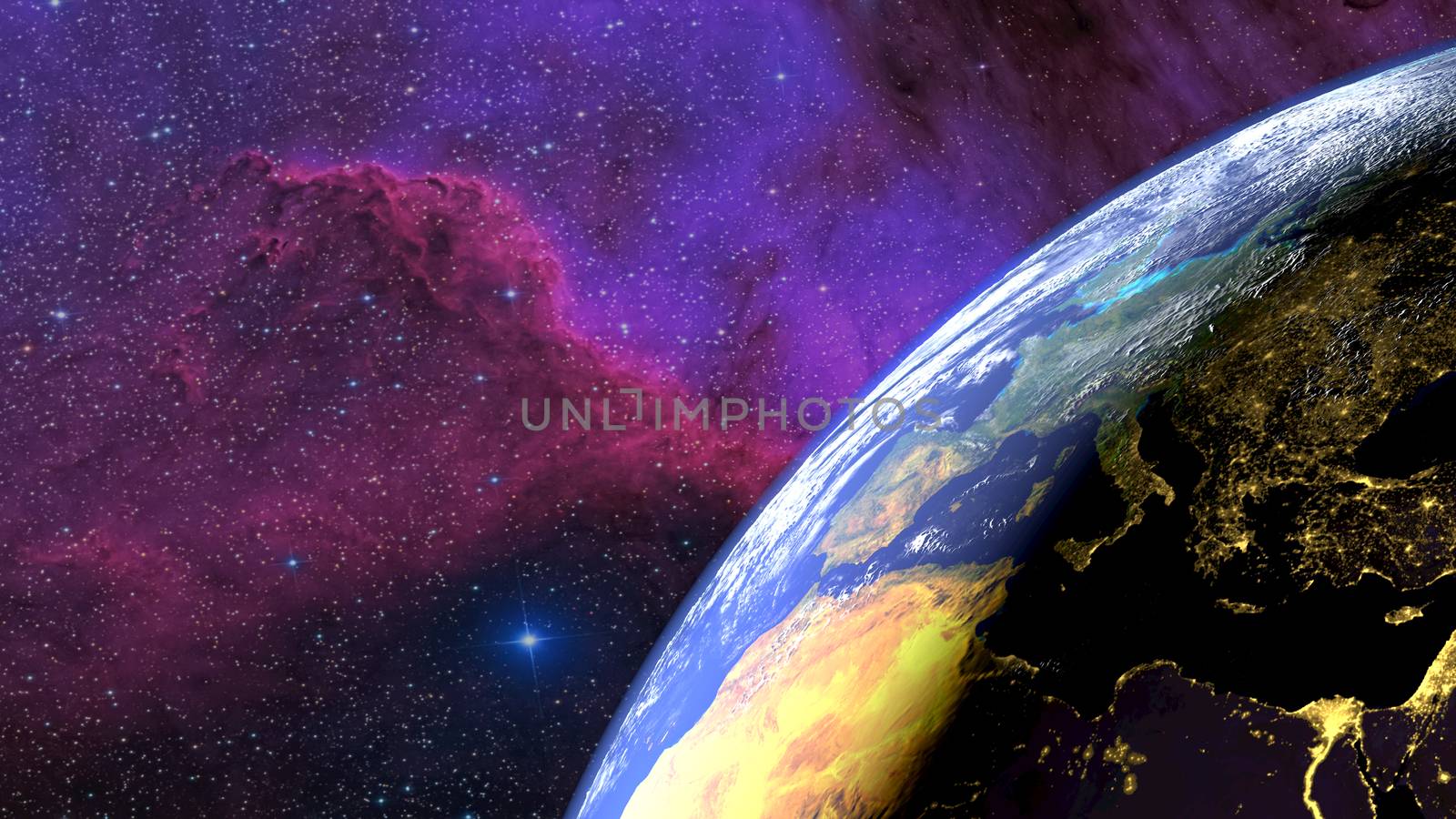 Earth seen from the sky with the alternation day night and a nebula in the background. 3D Rendering