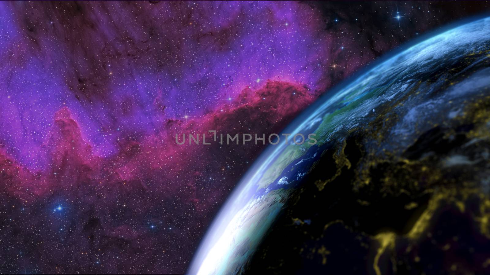Earth seen from the sky. Focus on the transition day - night. Galaxy in the background. 3D Rendering by ytjo