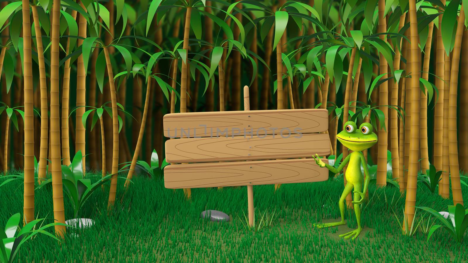 3D Frog Illustrations in the Jungle with Wooden Plate