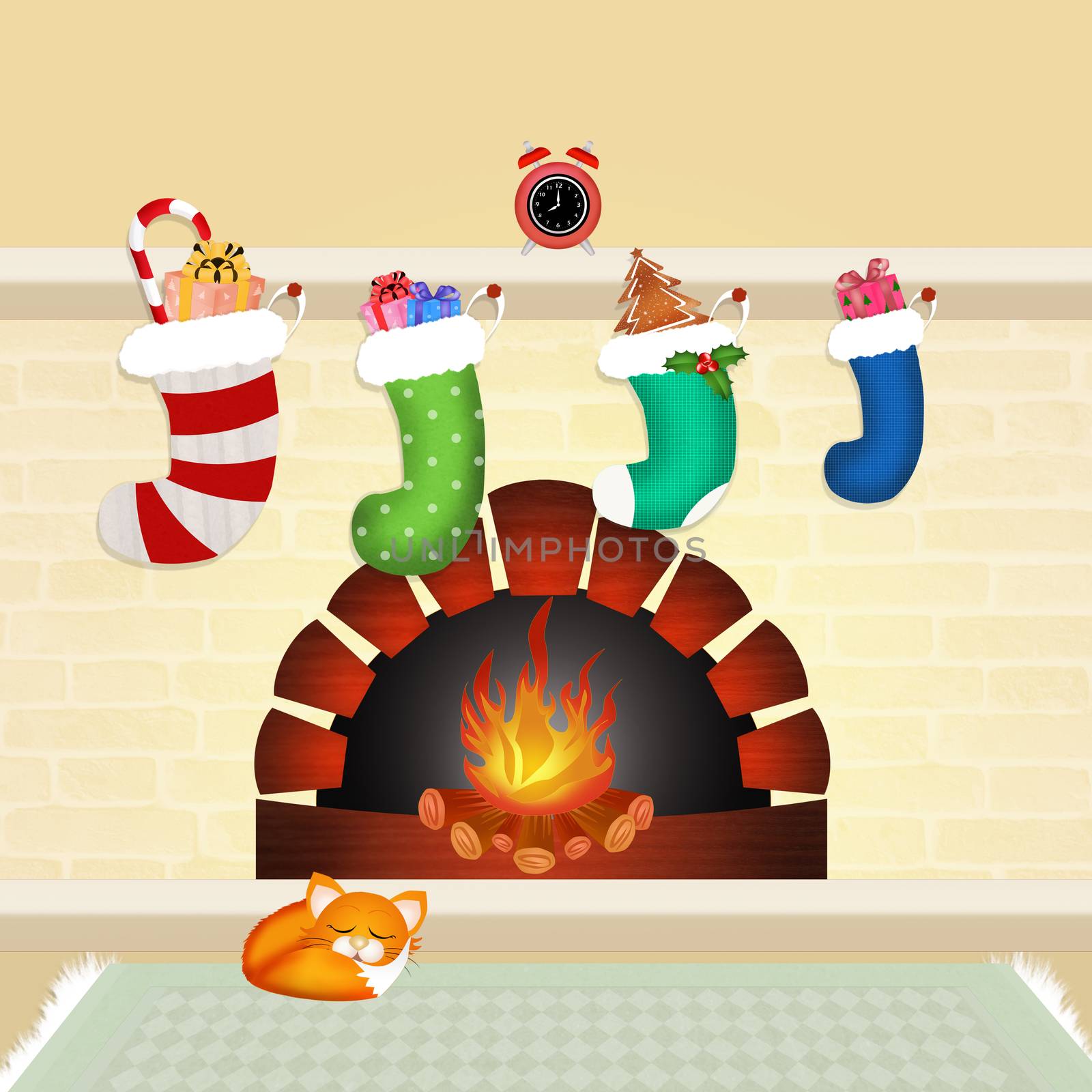 illustration of Christmas socks on the fireplace