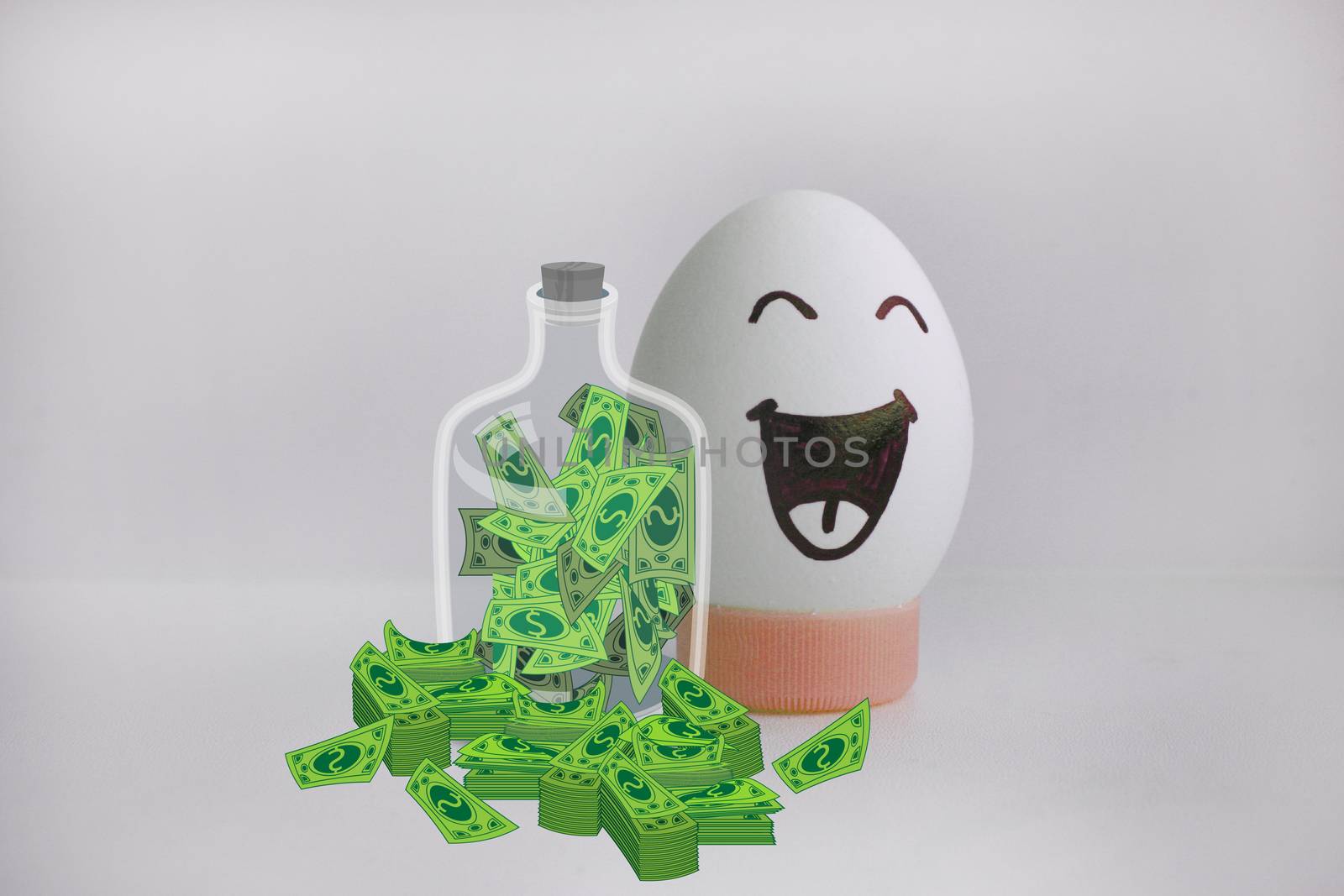Concept of profit and safety of the deposit. Dollars in bundles and a glass jar with currency. Egg cheerful with a face alone on a white background concept of a funny joke anecdote. Photo for your design
