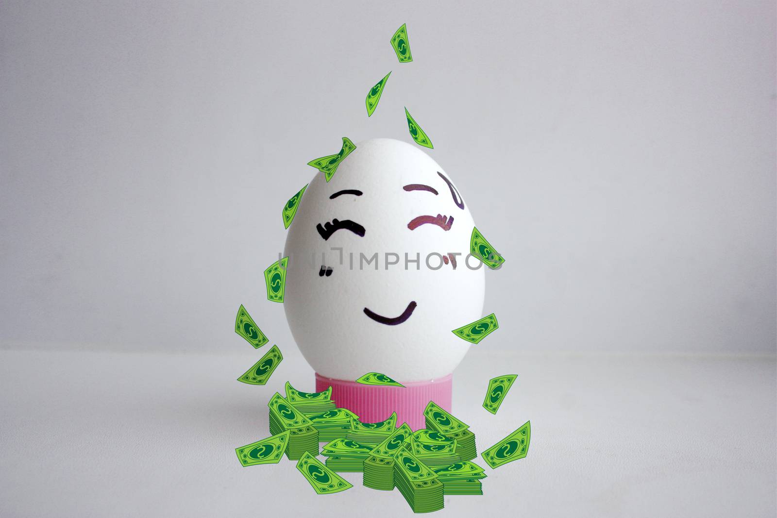 Concept of profit. Dollars stacks of money from above. Egg cheerful with face alone on white background concept of cute smile. Photo for your design