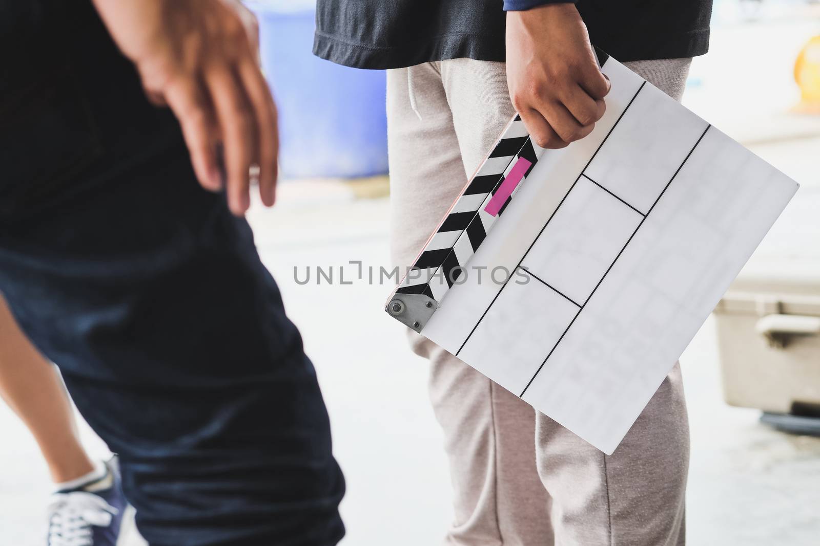 Film Slate, close up image of film production crew holding Film Slate on set