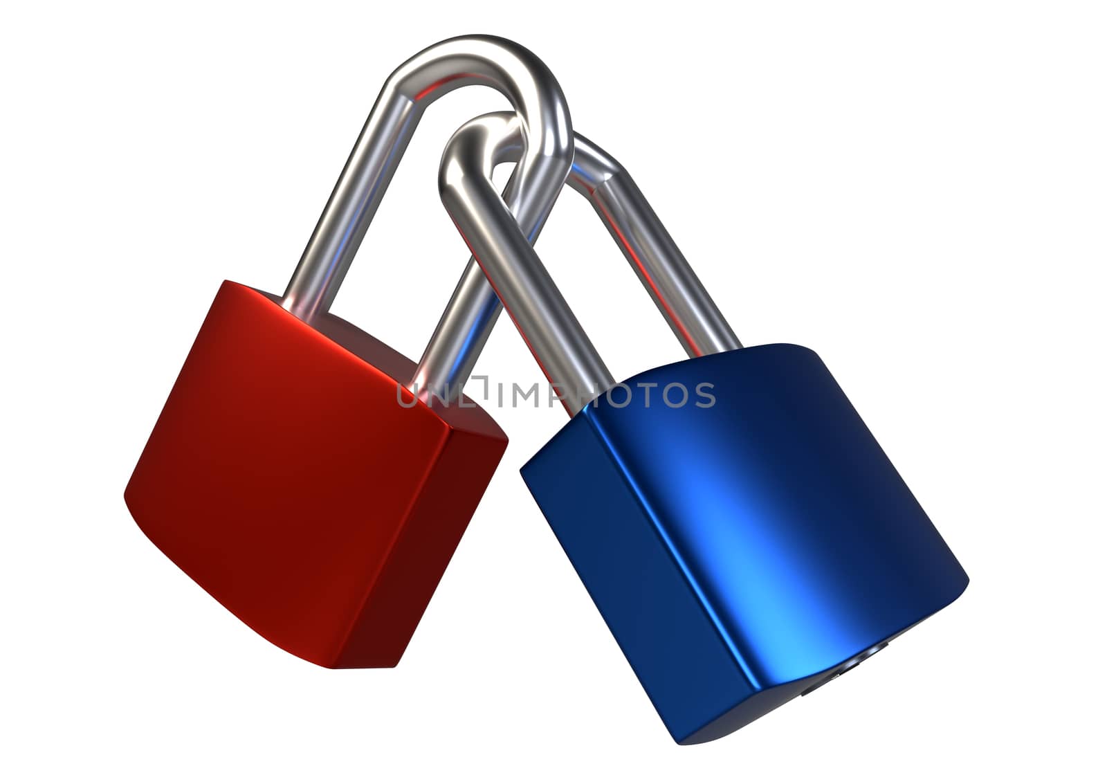 Two locked padlocks isolated on white background. 3D rendering