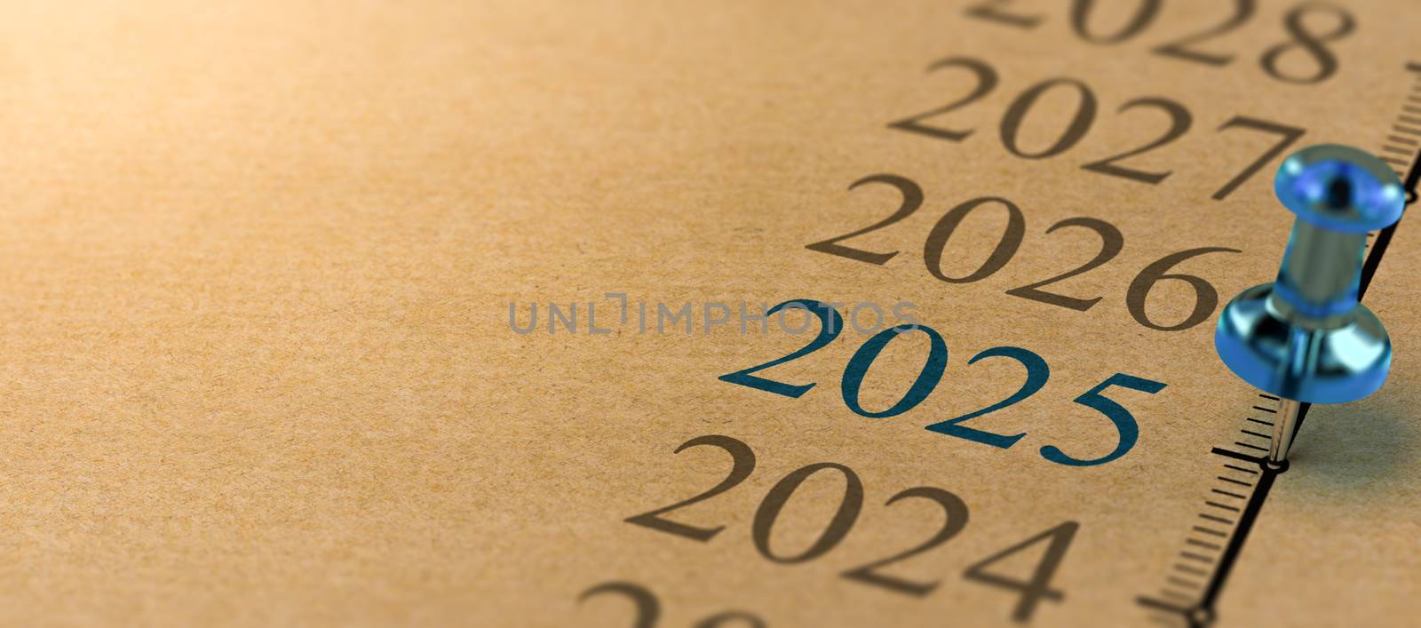 21th century time line and blue pushpin with focus on the year 2025