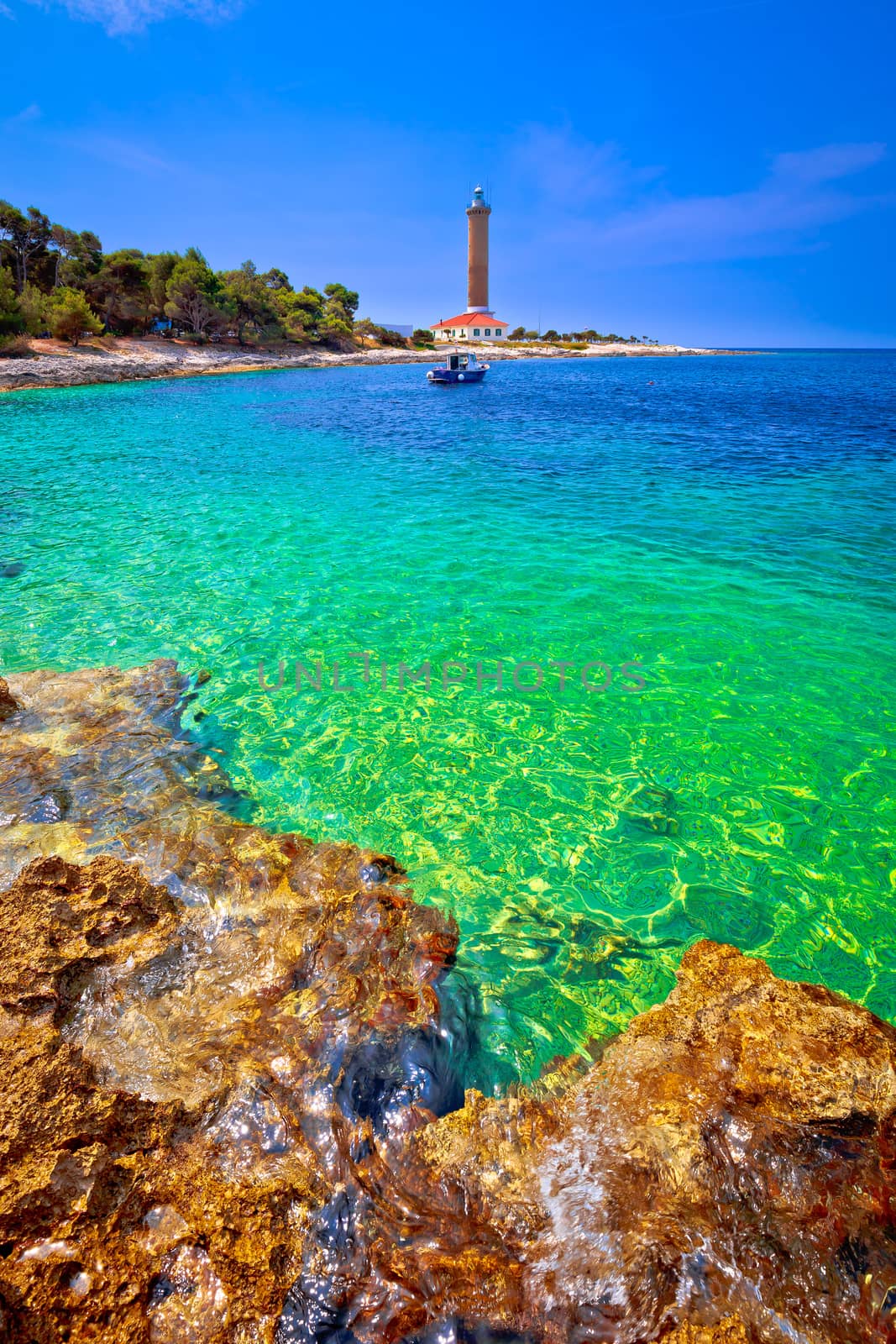 Veli Rat lighthouse and turquoise beach view, Dugi Otok island, Dalmatia, Croatia