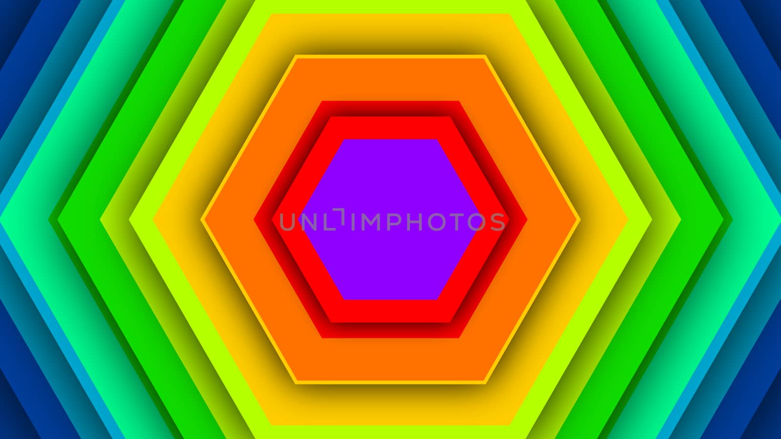 An amazing 3d illustration of multicolored rainbow hexagons inserted in each other. They are of violet, green, red and dark blue colors. They impress with their original and bright beauty