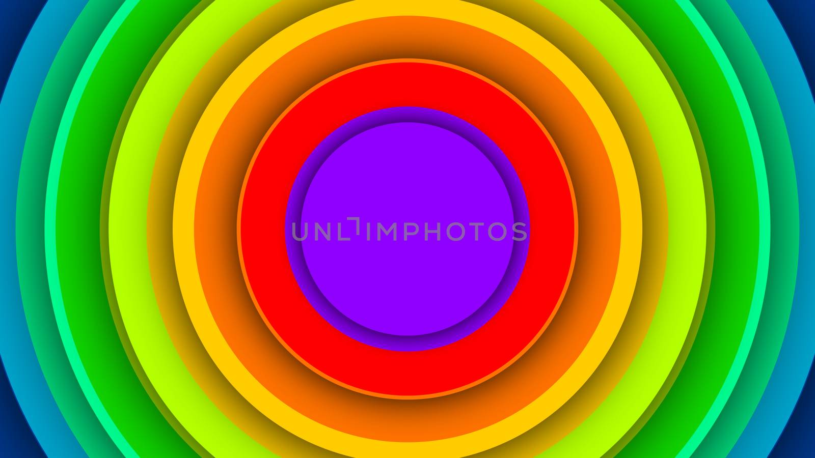 A holographic 3d illustration of colorful rainbow circles inserted in each other. The central is violet, the middle are red, orange and yellow. The others are green and light blue. 