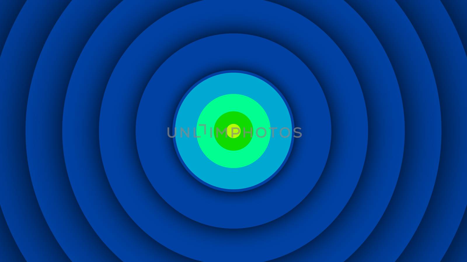 An arty 3d illustration of colorful rainbow circles inserted in each other. The central is small yellow, the middle are salad and light green. The others are dark blue. 