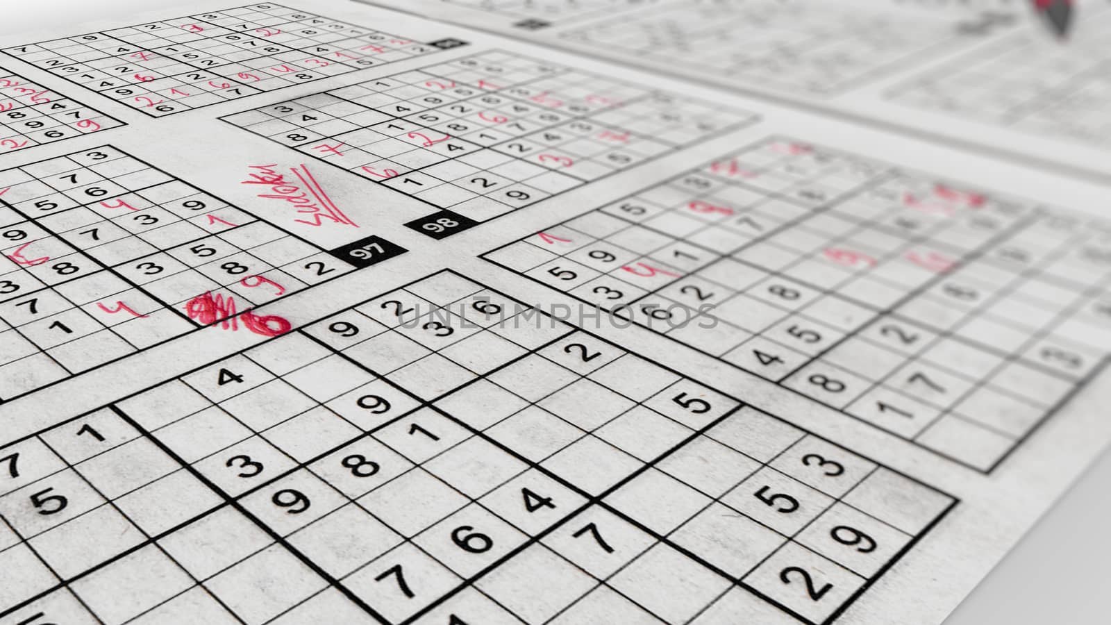 A pop art 3d rendering of Sudoku mathematical networks with printed digits, columns, rows and empty boxes filled with handwritten rosy numbers. Sudoku lies in an askew way.