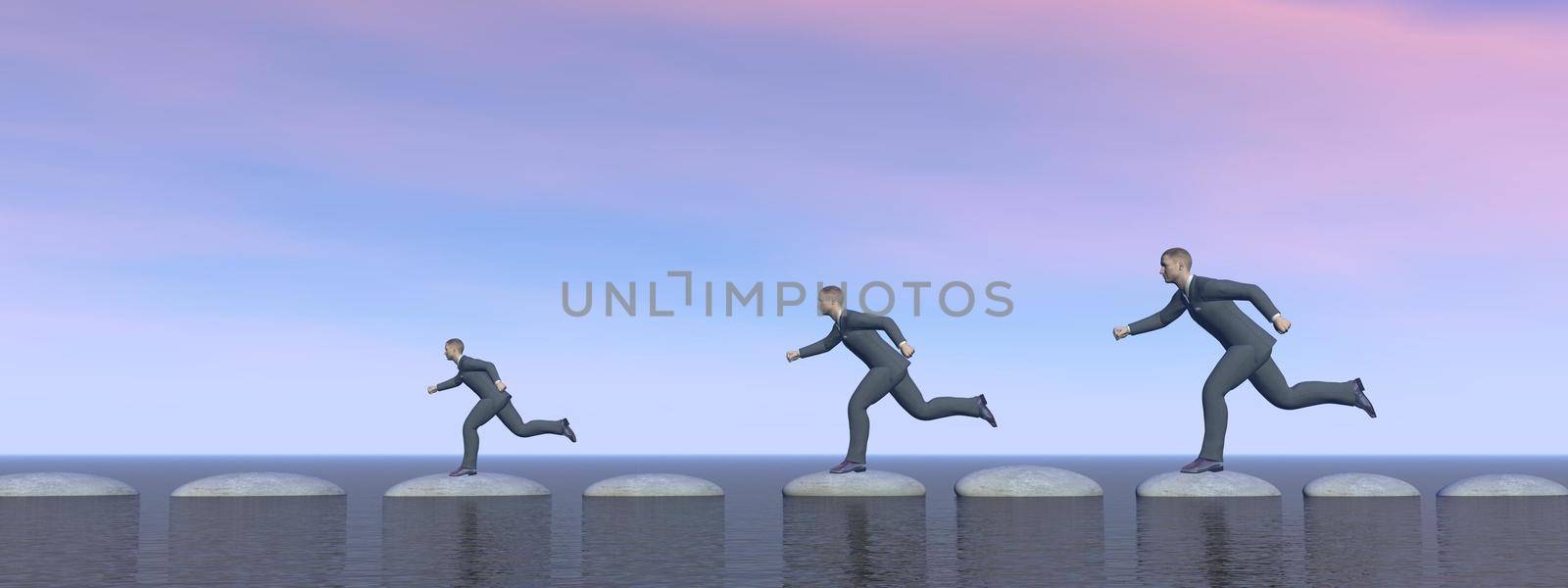 businessman and sky that runs on steps - 3D rendering