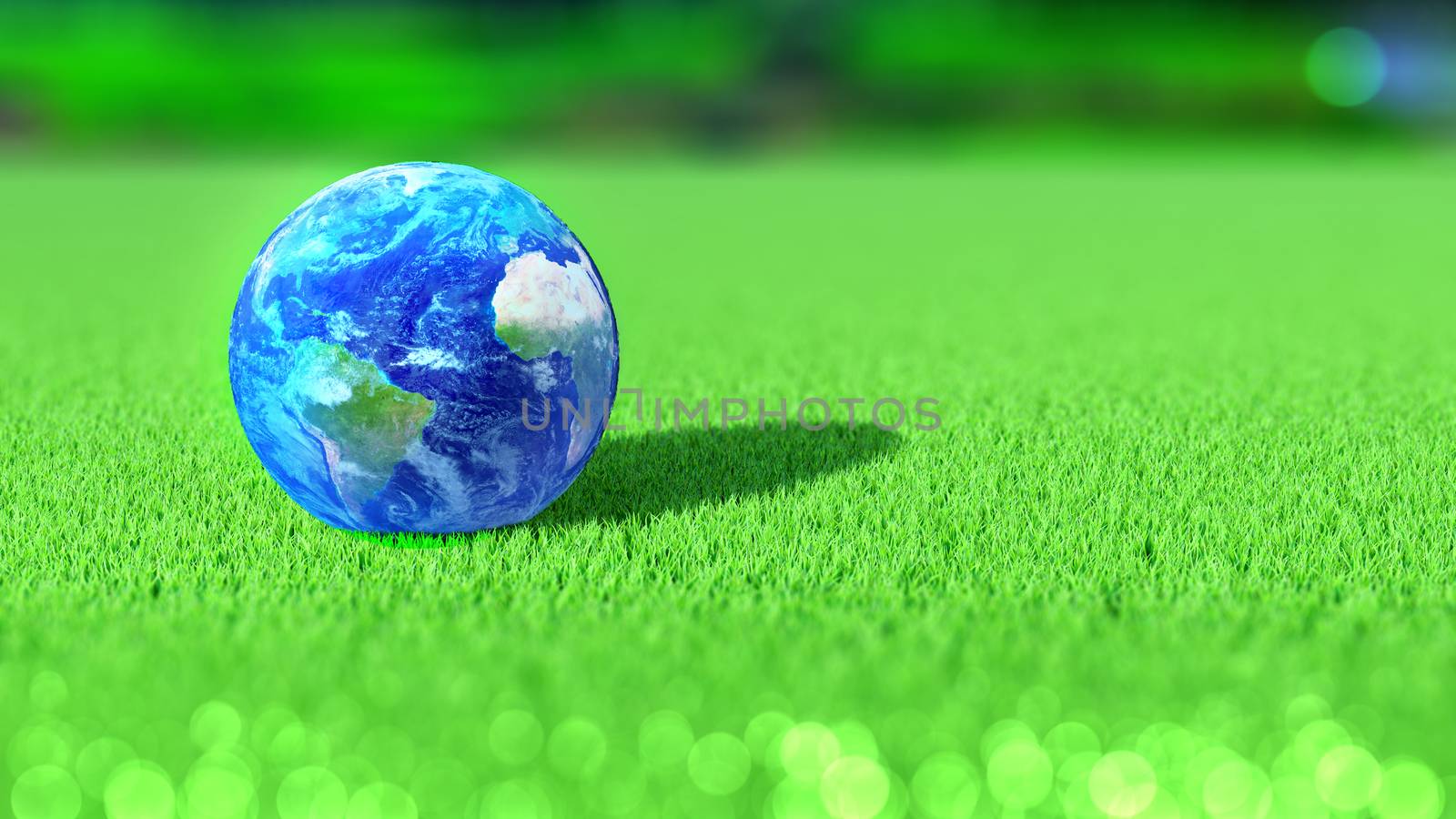 Planet Earth on the green of a golf course. America, Africa, Europe. 3D rendering.
