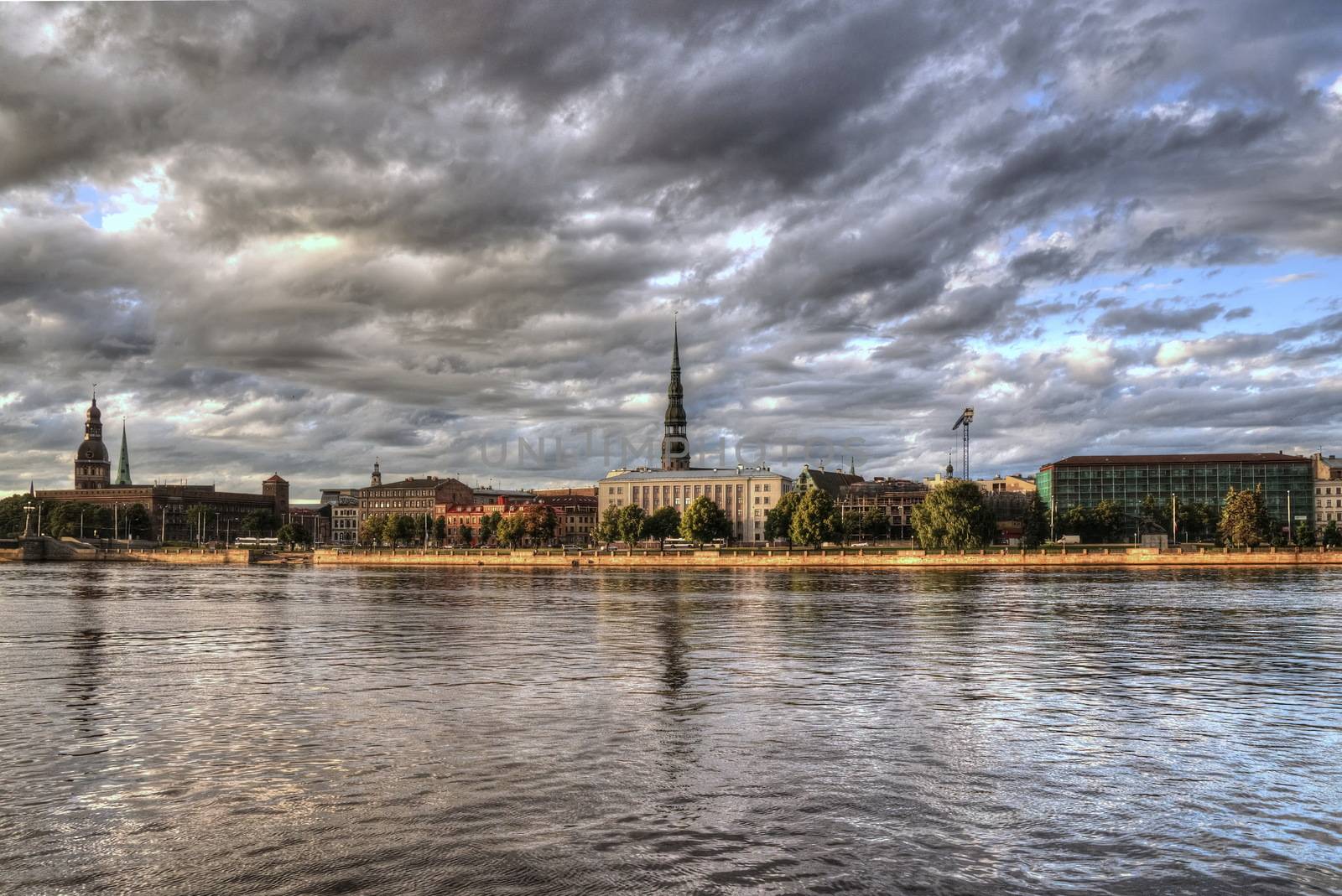 Panorama View of Riga city from the riverside at dawn