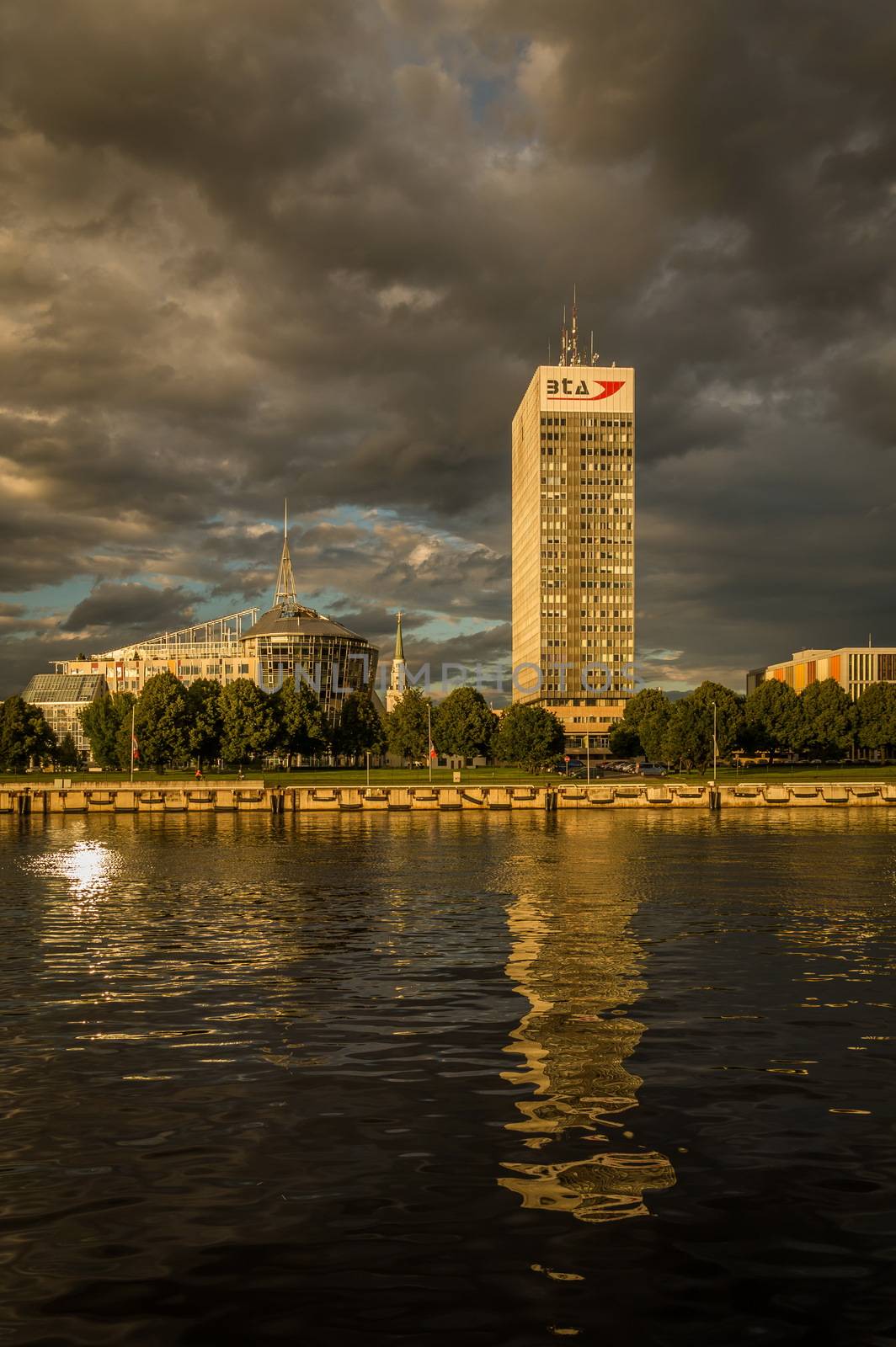 Panorama View of Riga city from the riverside at dawn