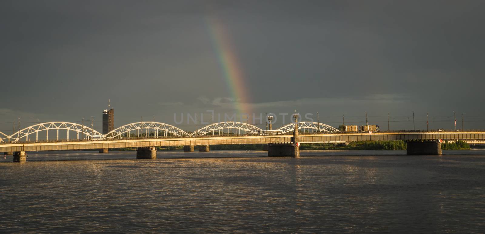 Panoramic View of a Bridge in Riga city in a summer evening