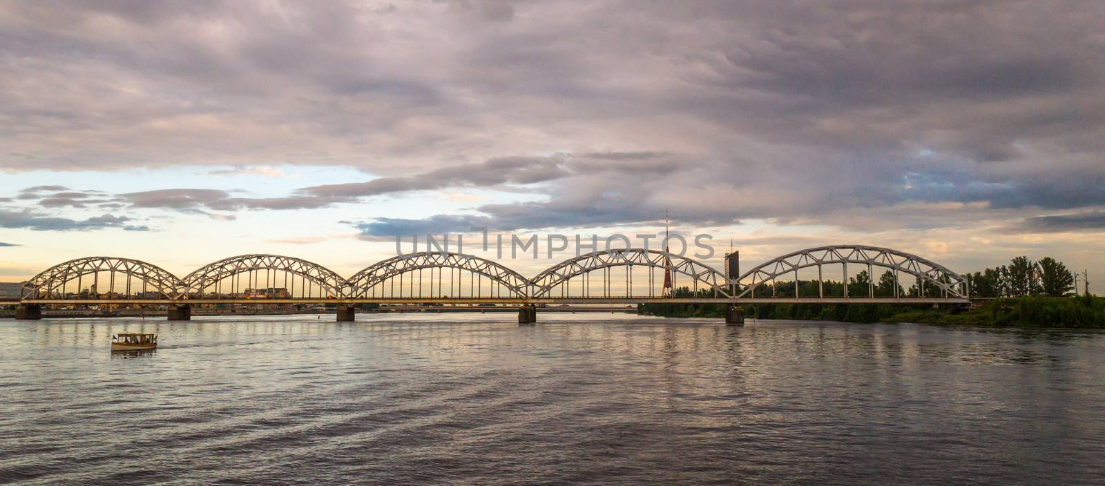 Panoramic View of a Bridge in Riga city in a summer evening