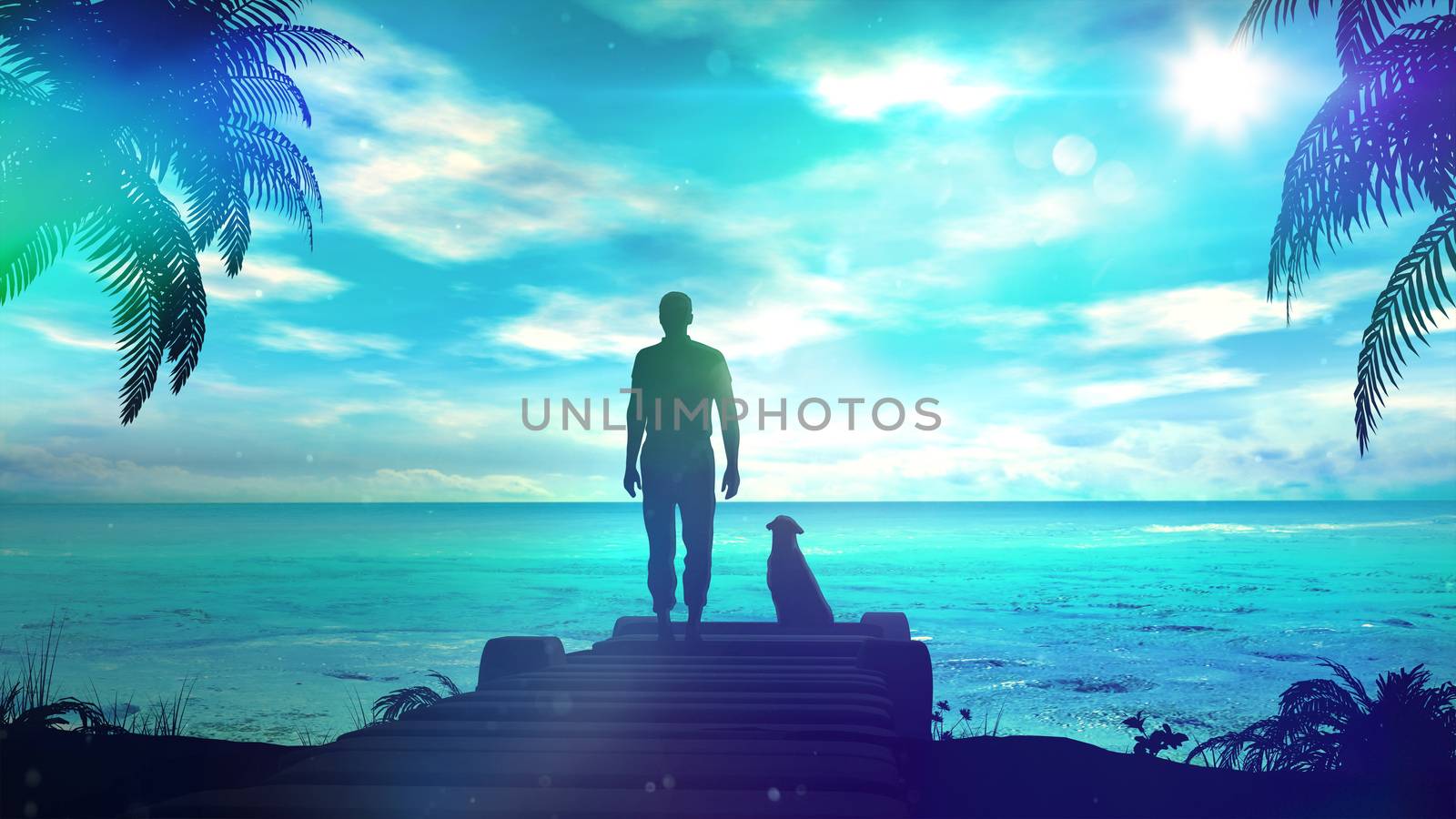 The dark silhouette of a lonely man with a dog stands on the shore of the ocean.
