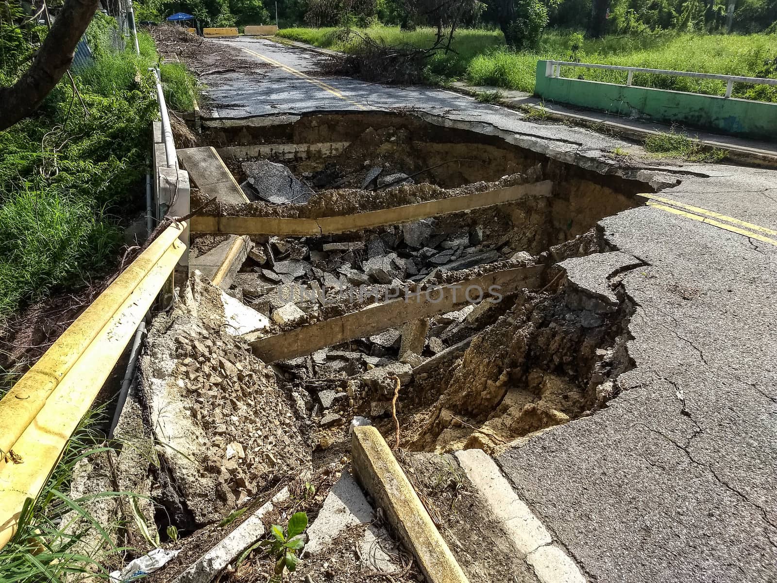 Many roads were destroyed by Hurricane Maria in September, 2017 and by the resulting flooding and soil saturation.