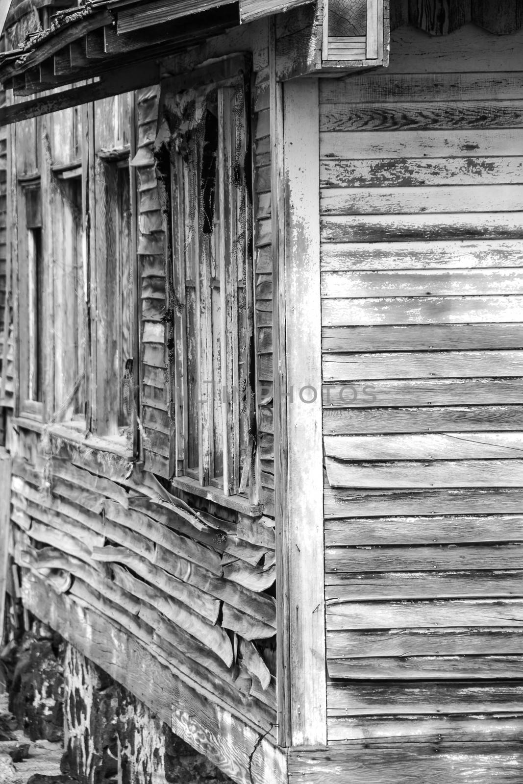 Weathered Schoolhouse in the Panhandle region of Idaho in black and white