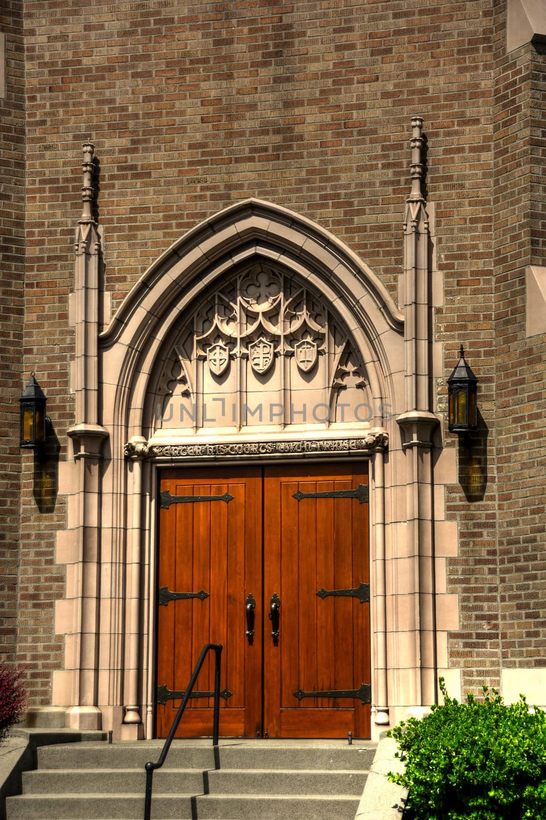 Gothic Church in Bellingham, WA showing details of ornate front door and steps