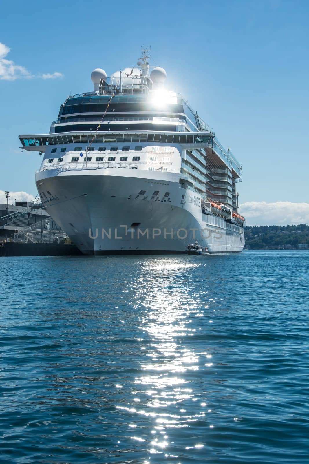 Luxury cruise ship tied up at Seattle's Pier 71 priot to departure for Alaska