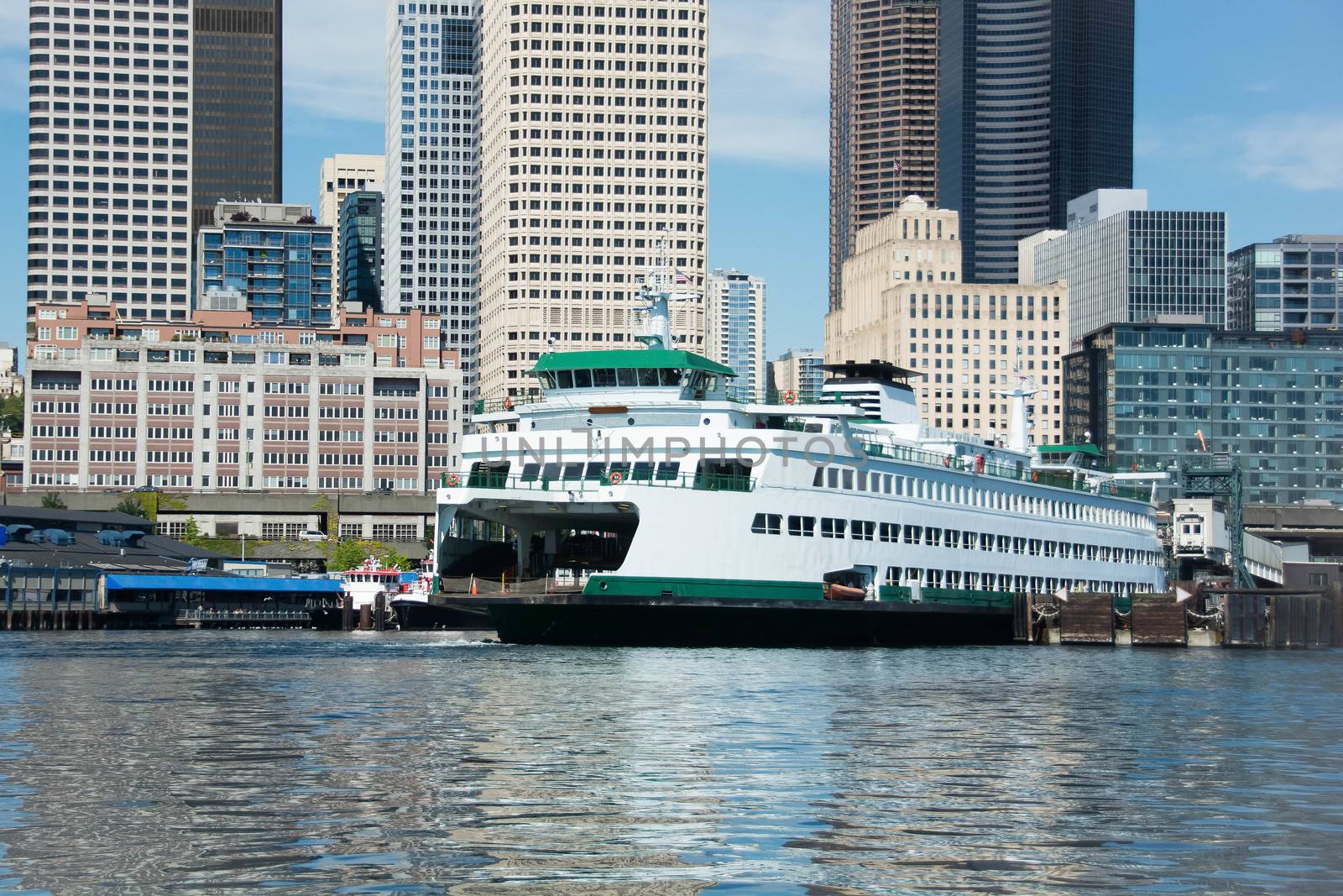 Ferry awaits departure on Elliott Bay - Seattle, WA