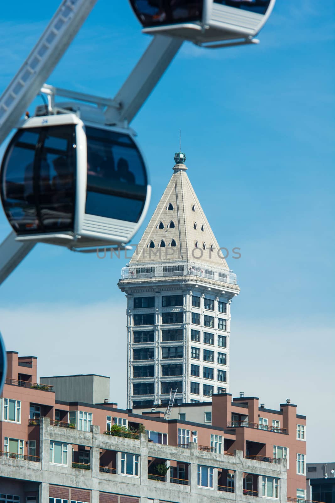 Ferris Wheel on Seattle Waterfront with Smith Tower in Backgroun by cestes001