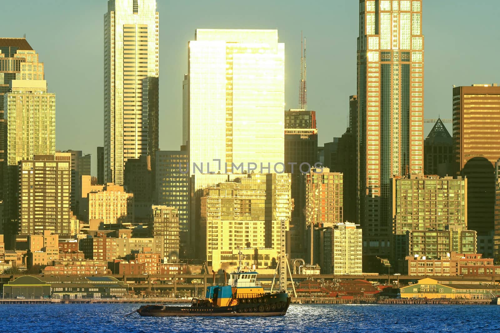 Sunset on Seattle skyline as viewed from Harbor Ave in West Seattle