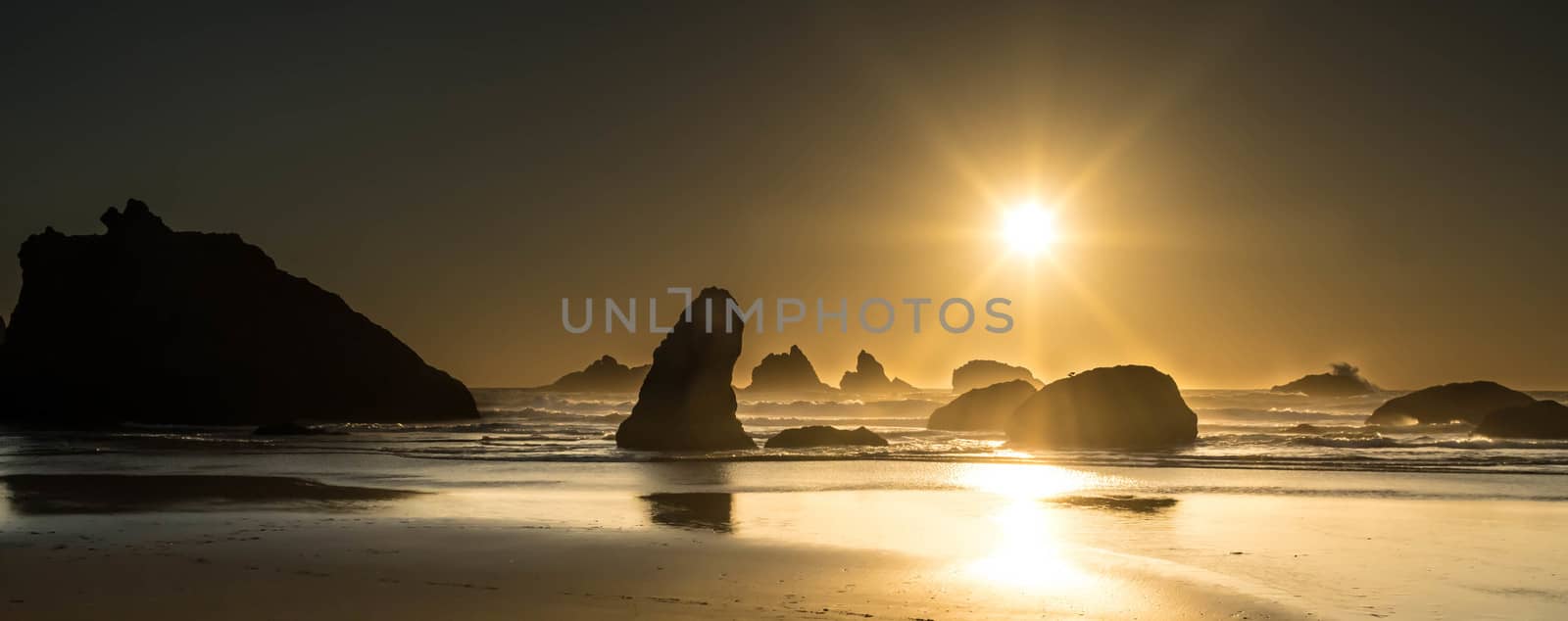 High contrast, late afternoon shot of sea stacks on Oregon Coast