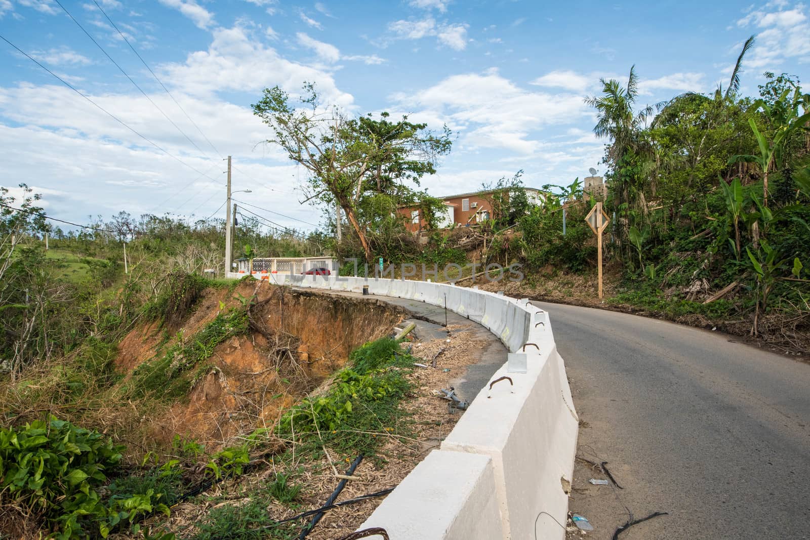 Roadside scene in Puerto Rico after Hurricane Marie showing damage to landscape