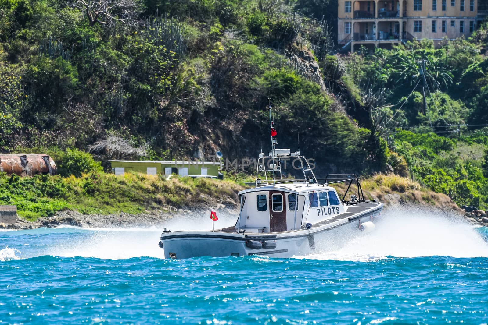 Pilot boat heading out from harbor at high speed with spray in British Virgin Islands