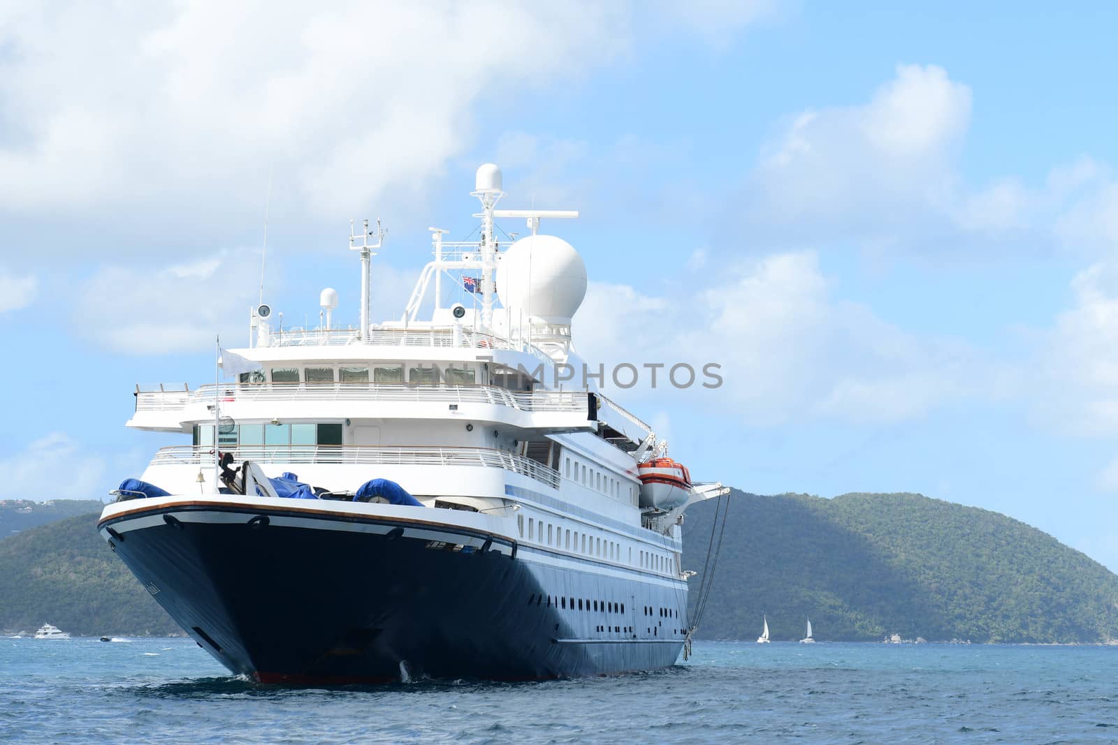 Cruise ship standing offshore for guests in British Virgin Islands