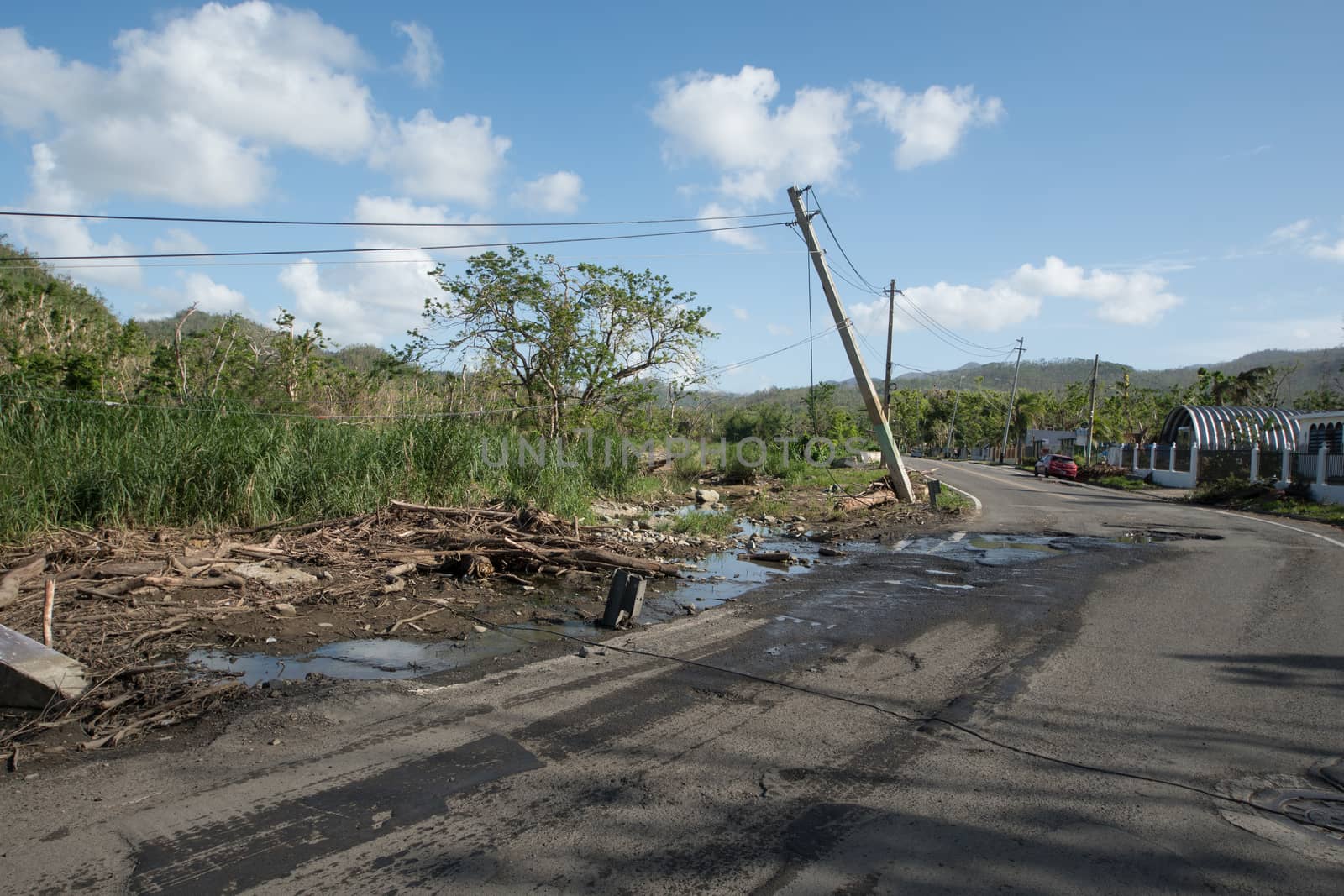 Roadside scene in  Puerto Rico after Hurricane Marie showing damage to power lines