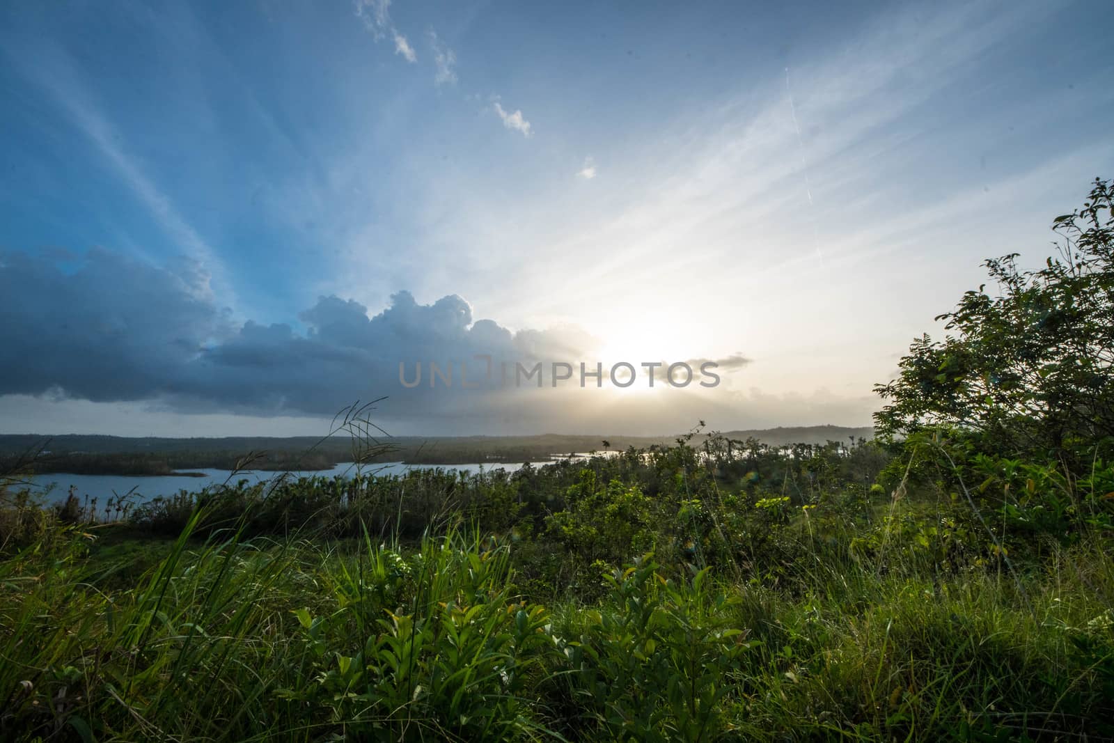 Afternoon sun setting over Lake Guajataca in West Central Puerto Rico